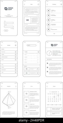 Web ui-Kit-Linie. Wireframes für clean Design Projekte Websites Minimalismus App Vorlagen Navigation Schaltflächen Bars Trenner Kontrollkästchen Linien grellen Stock Vektor