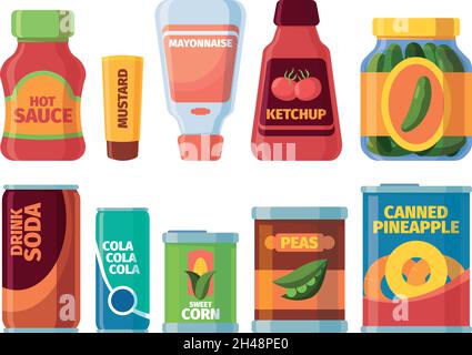 Konserven. Lebensmittelprodukte gefüllte Tomatensuppe Gläser Mahlzeit für Supermarkt Regale grellen Vektor Cartoon Sammlung von Dosen-Pakete Stock Vektor