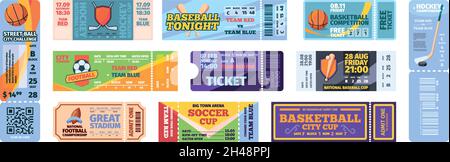 Eintrittskarten für Sportveranstaltungen. Flyer Einladung für Action-Sport-Spiele Baseballfußball Hockey grellen Vektor-Tickets Design-Vorlagen Stock Vektor