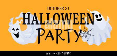 Halloween-Party-Banner. Niedlicher gruseliger Geist und schwarzes Spinnennetz. Cartoon gruselige Geister Vektor-Charaktere Stock Vektor