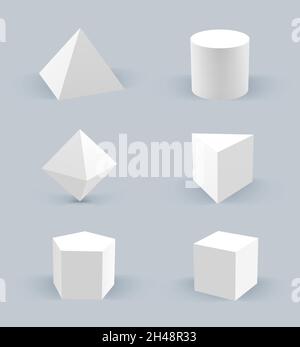 Geometrisch realistische Formen. 3d Sterne Hexagon Basis Kreise Würfel Pyramidenkugeln anständigen Vektor geometrische Formen Vorlagensammlungen Stock Vektor