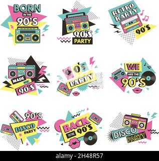 90er-Labels. Vintage Fashioned Labels für Kleidung Retro-Stil Elemente der Pop-Musik der 80er Jahre musikalische Boombox Radio aktuelle Vektor-Bilder gesetzt Stock Vektor