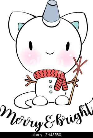Weihnachten kawaii Katze Schneemann. Fröhlich und hell. Vektoraufkleber für Messenger Stock Vektor