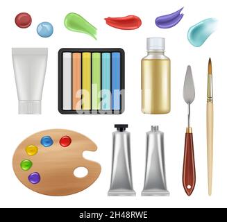 Werkzeuge für Maler. Craft Office liefert Bleistifte Pinsel Rohre mit Ölfarbe Pallete decent Vektor realistische set isoliert Stock Vektor