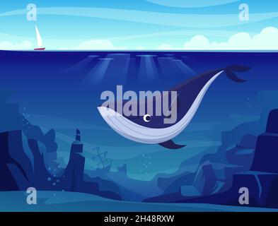 Unterwasserwelt. Wale und große Fische im Meer tiefblaues Meer wild schwimmende Tiere genaue Vektor Cartoon Hintergrund Stock Vektor