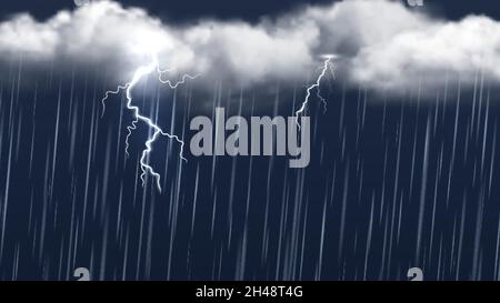 Gewitter im Herbst. Regen Wolken und Blitz. Realistisches Vektor-Banner mit Regen, Jahreszeit und schlechtem Wetter Stock Vektor