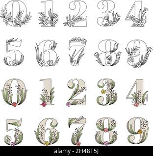 Dekorative Zahlen. Blumenalphabet botanische Blumen stilisierte Symbole für die Beschriftung der neuesten Vektor-Zahlen-Sammlung Stock Vektor