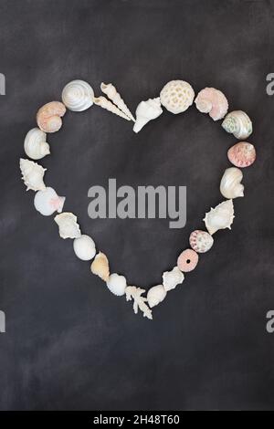 Abstrakter herzförmiger Kranz mit Muscheln auf meliertem dunkelgrauem Hintergrund. Valentine romantische minimal Konzept Symbol. Flach liegend, Kopieplatz für Draufsicht. Stockfoto