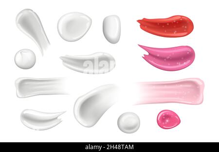 Kosmetische Creme-Abstriche. Weiße cremige und Lippenstift-Elemente. Isoliertes Gel, Joghurt Vektor realistischer Schlaganfall Stock Vektor
