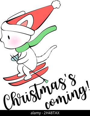 Weihnachten Kawaii Cat Skifahren. Weihnachten steht bevor. Vektoraufkleber für Messenger Stock Vektor