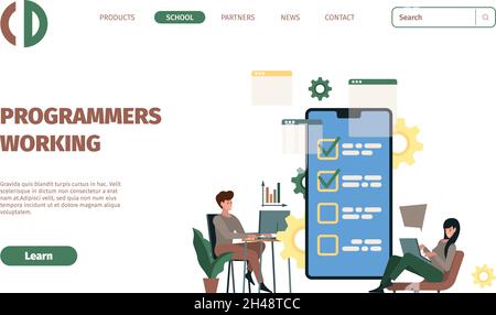 Programmierer landen. Digitale Designer arbeiten an Laptop-Codern, die Code-grelle Vektorvorlagen von Webseiten schreiben Stock Vektor