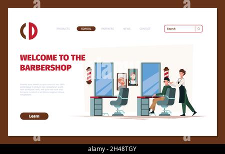 Landung im Schönheitssalon. Barbershop Arbeiter mit professionellen Werkzeugen Schere Rasierer und Haartrockner grellen Vektor Business Web-Seite Vorlage mit Platz für Stock Vektor