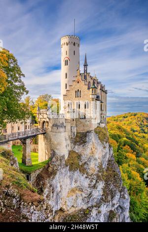 Deutschland, Schloss Lichtenstein. Baden-Württemberg Land in den Schwäbischen Alpen. Stockfoto