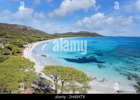 Luftaufnahme mit Palombaggia Strand auf Korsika, Frankreich Stockfoto