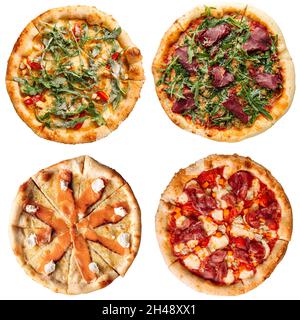 Set von verschiedenen Pizzas Collage isoliert auf weiß Stockfoto