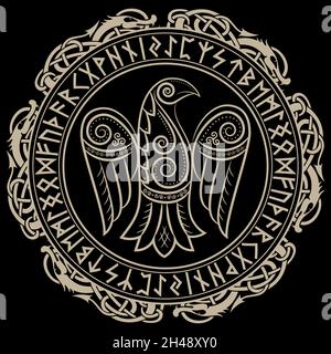 Design von Raven im keltischen, skandinavischen Stil und nordischen Runen Stock Vektor