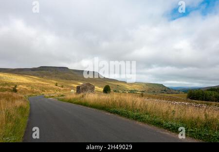 Blick nach Norden von der Straße durch das Mallerstang-Tal mit Wild Boar Fell und einer alten Steinscheune zum Verkauf auf der linken Seite, Yorkshire Dales National Park, Großbritannien Stockfoto