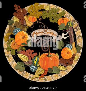 Herbst Design, Halloween Design. Ein Kranz aus Reben mit Kürbissen, Eichenblättern und Eicheln Stock Vektor