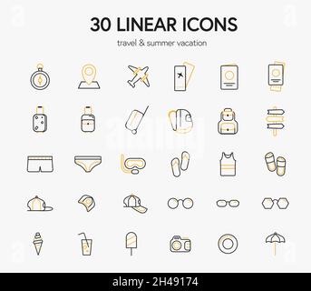 Satz von Vektorsymbolen auf weißem Hintergrund zum Thema Reisen, Wochenende und Sommerferien. Vorlage für lineare Illustrationen. Bekleidungsdesign. Stock Vektor