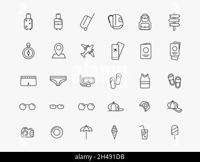 Design von Vektor-Set von Symbolen zum Thema Reisen, Urlaub, Wochenende und Sommer. Vorlage für lineare Illustrationen. Sammlung Stock Vektor