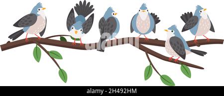 Der Frühling verzweigt Vögel. Blauer Vogel Set zwitschern und Flügel flattern auf Baumzweig isoliert auf weißem Hintergrund, künstlerische Titmusen auf Wald Zweig Vektor-Illustration Stock Vektor