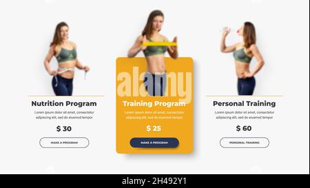 Eine Reihe von UI-/UX-Vorlagen mit Vektor-Produktkarten für ein Fitnessstudio oder einen Personal Trainer. Entwerfen Sie Banner mit aktiven und inaktiven Schaltflächen. Stock Vektor