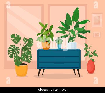 Verschiedene Zimmerpflanzen im Wohnzimmer Stock Vektor