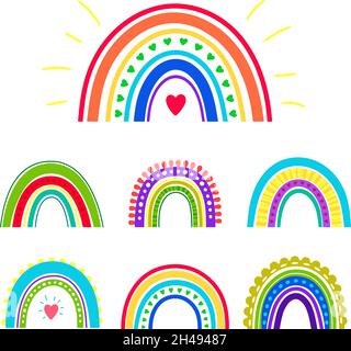 Von Hand gezogene Regenbögen. Himmel Farben boho niedlich skandinavischen Regenbogen-Set, Cartoon Liebe vintage Symbole, verschiedene Formen Farbe Streifen Bögen Kinder Vektorgrafiken Stock Vektor
