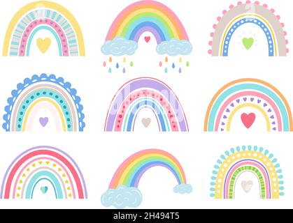Boho Regenbogen Set. Nettes Mädchen Zimmer Vektor Regenbögen, Baby Dusche Cartoon Bogen Dekor, Sommertraum Freundschaft Iris Zeichen, kritzeln bohos Schlafzimmer pastellfarben Dekoration Elemente Stock Vektor
