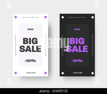Satz von Vorlagen für Vektorgrafiken in Weiß und Schwarz für mobile Anwendungen und soziale Medien. Bannerdesign mit Raute und einem Rabatt von 50% für einen großen Verkauf, specia Stock Vektor