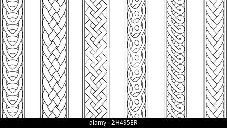 Umrandungen mit Geflecht. Abstrakte Zöpfe Bordüre, religiöse gestrickte nahtlose Ornamente, linear gestrickte Zierseile Vektorgrafiken, Weben verflochtenen Linienmuster isoliert auf weiß Stock Vektor