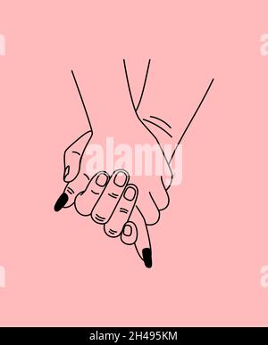 Zwei fürsorgliche Hände. Cartoon romantische Hauch von Palmen der Liebhaber, Symbol des Familienschutzes, Vektor-Illustration Konzept der Zweisamkeit und Sicherheit isoliert auf rosa Hintergrund Stock Vektor