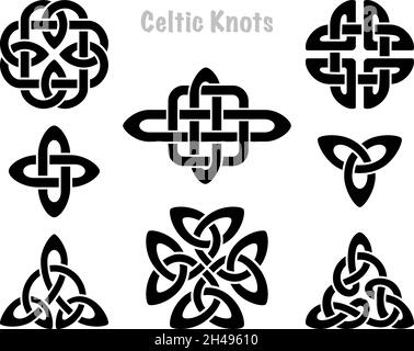 Keltische Knoten Silhouetten. Irische Knoten Symbole, Celt drei trintiy endlos verknotete Form Vektor-Symbol, unendliche Geist Einheit Symbol, heidnischen Stammes Symbolik Grafiken isoliert auf weiß Stock Vektor