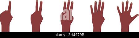 Afroamerikanische dunkle Hautfarbe Handfläche, die mit den Fingern eins, zwei, drei, vier, fünf in Geste zählt. Vektorgrafik. Stock Vektor