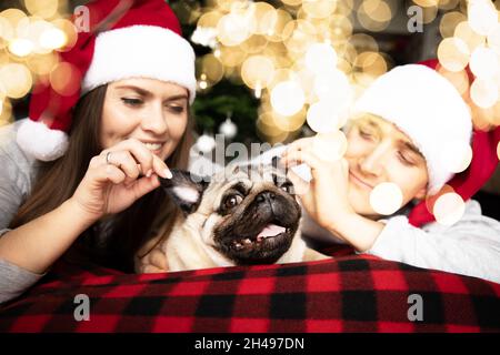 Junge verheiratete Paar Mann und Frau in Santa Hüte liegen auf ihren Mägen auf der Couch von schönen Weihnachtsbaum. Zwischen ihnen ist ihr lustiger Haustier Hund von Stockfoto