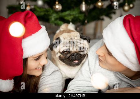 Junge schöne Mann und Frau mit einem Mops liegen am Weihnachtsbaum in Weihnachtsmützen und schauen sich gegenseitig an Stockfoto