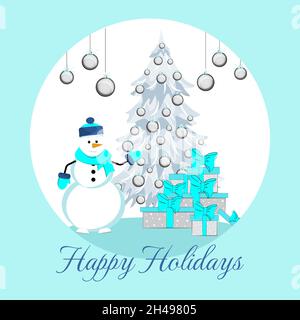 Grußkarte Lustiger Schneemann schmückt einen Weihnachtsbaum. Vektorgrafik Stock Vektor