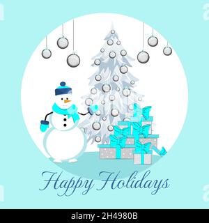 Grußkarte Lustiger Schneemann schmückt einen Weihnachtsbaum. Vektorgrafik Stock Vektor