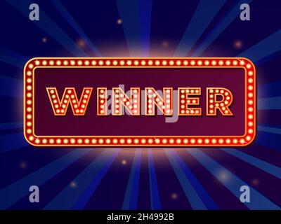 Retro-Gewinner-Banner. Sign Show Spiel, Lotto-Preis gewinnen goldene Lichter Schild. Casino Success Champion, Werbung aktuelle Vektor-Poster Stock Vektor