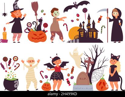 Halloween Party Elemente. Unheimlich Urlaub, Feier isoliert Aufkleber. Kinder in Kostümen, süße Bonbons und schwarze Katze. Party anständiger Vektor Stock Vektor