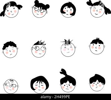 Emojis von Jungen und Mädchen, Illustration, Vektor, auf weißem Hintergrund. Stock Vektor