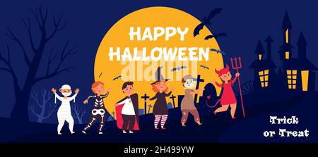 Frohe halloween Kinder. Kind in Kostüm in der Nacht, Trick or Treat Party. Kinder Gruppe Banner, niedlich gruselig lustige Freunde anständige Vektor-Poster Stock Vektor