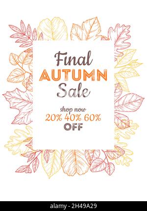 Endgültiger Verkauf Herbstbanner. Rabatt-Poster mit Skizzenblättern. Bunte Herbst Shopping-Werbung, spezielle Preise Vektor Hintergrund Stock Vektor