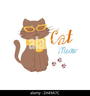 Niedliche Katze in Brille und Schal. Vektor-Illustration von Cartoon flach Stock Vektor