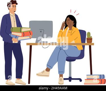 Büroangestellte. Müde Frau, übermüdete Manager. Isolierter Cartoon-Mann mit Büchern oder Papiermappen. Verärgerte weibliche Chefin, die am Computer-Vektor arbeitet Stock Vektor