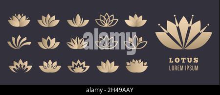 Lotus-Logo-Set. Symbole für Yoga-Meditation, Wohlbefinden und Entspannung. Goldene einfache Blumen, Gesundheits- und Lifestyle-Vektor-Symbole Stock Vektor