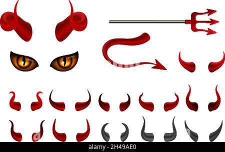 Rotes Teufelshorn. Satanische Hörner Gesicht mit gelben Augen, isoliert Hölle Harpune und Schwanz. Halloween Fotokabine Requisiten, Social-Media-Geschichten Aufkleber oder Stock Vektor