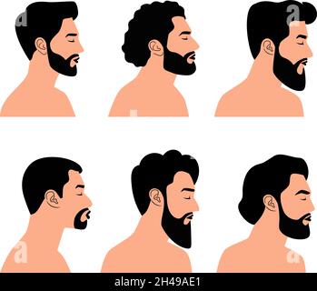 Seitlicher Bartgesicht. Frisuren und Bärte Männer Profile, kaukasische Porträts von männlich gut aussehenden männlichen Personen, Friseur Mann Modelle Stock Vektor