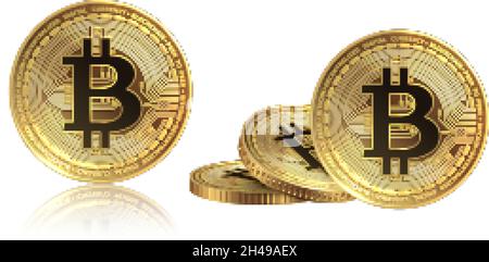 Realistische Bitcoin-Währung. Goldene Bitcoins stapeln isolierte Kryptowährungsmünzen. Internationaler Austausch, elektronische Finanzmittel Geld Symbol Vektor Stock Vektor