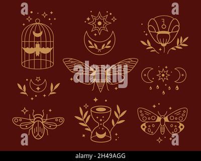 Magical Outline Kollektion. Tribal-Symbole, Boho goldener Mond. Kristall und florale Elemente, mystische Alchemie spirituelle grish Vektor-Sammlung Stock Vektor